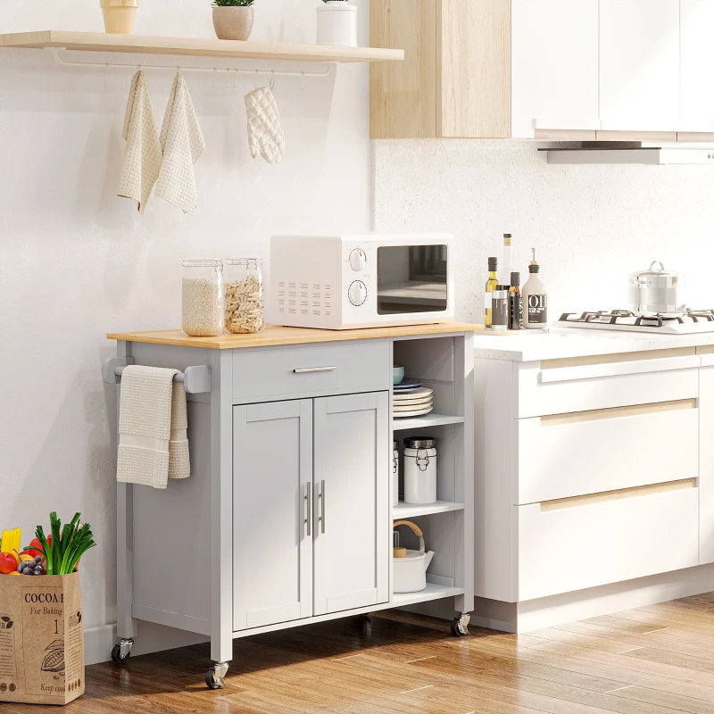 HOMCOM Wooden Rolling Kitchen Island on Wheels,  Kitchen Cart with Drawer for Dining Room, Grey