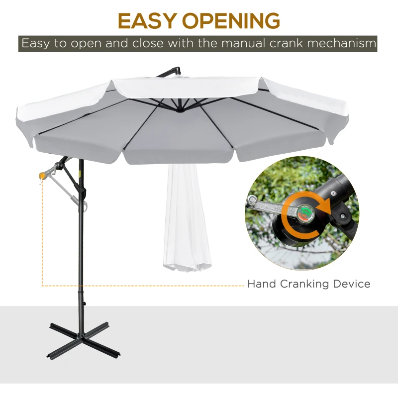 Outsunny 11FT Offset Hanging Patio Umbrella Cantilever Umbrella with Easy Tilt Adjustment, Cross Base and 8 Ribs for Backyard, Poolside, Lawn and Garden, White