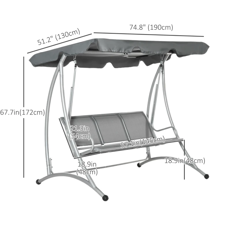 Outsunny 3 Person Patio Swing Seats with Adjustable Canopy Outdoor Swing Chair Bench for Garden, Poolside, Dark Grey