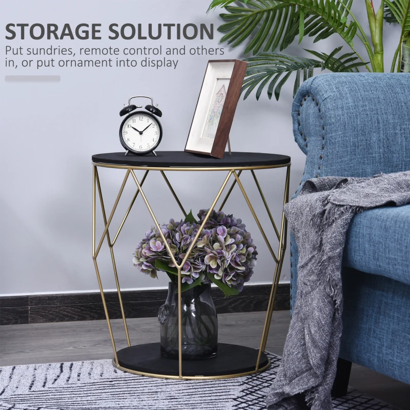 HOMCOM 18" Modern Round Coffee Table with Storage, Metal Zig Zag Frame, Accent Cocktail Table for Living Room, Bedroom, Black and Gold