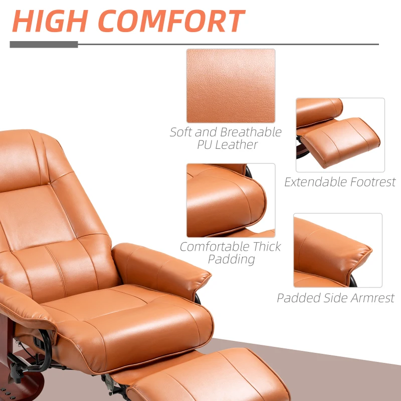 HOMCOM Faux Leather Recliner Chair, Swivel Recliner with Footrest, Armrest and Wood Base for Living Room, Light Brown