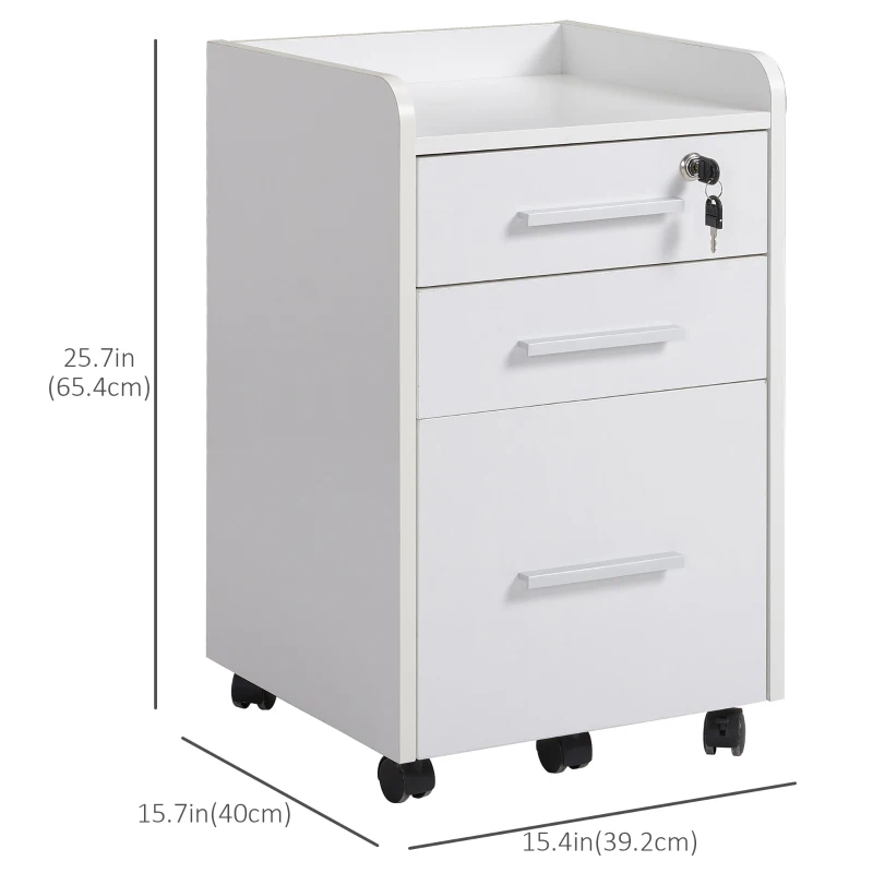 HOMCOM 3 Drawer File Cabinet with Lock and Edged Top, Lockable Filing Cabinet on Wheels for Letter and A4 Size, White