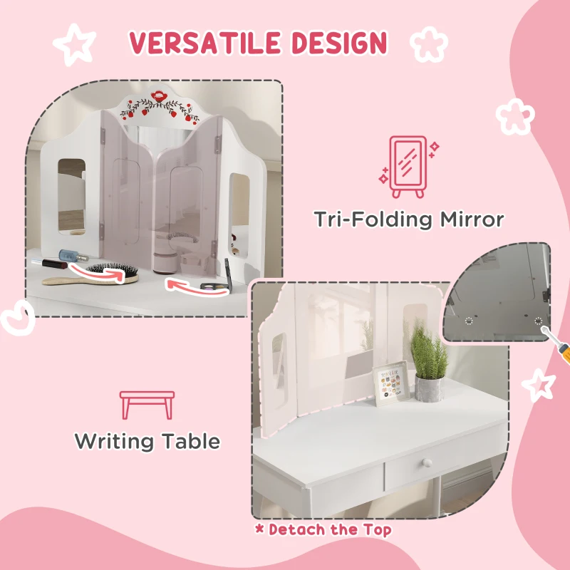 Qaba Kids Vanity Set, Dual-Use Dressing Table with Removable Tri-Folding Mirror and Drawer, for Ages 3-8, White