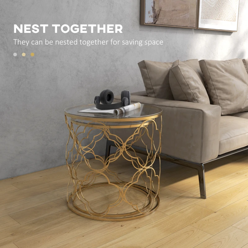 HOMCOM Set of 2 Nesting Table Coffee End Table Set Modern for Living room Furniture Decor Gold Tempered Glass