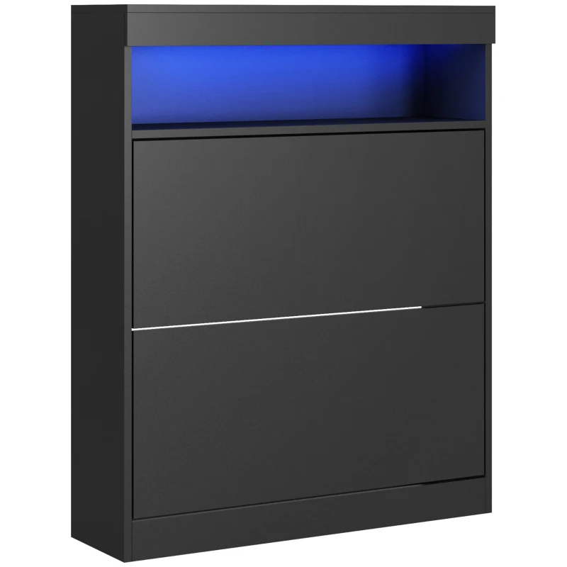 HOMCOM Wall Mounted or Freestanding Shoe Storage Cabinet with LED Light and 2 Flip Drawers for 12-16 Pairs of Shoes