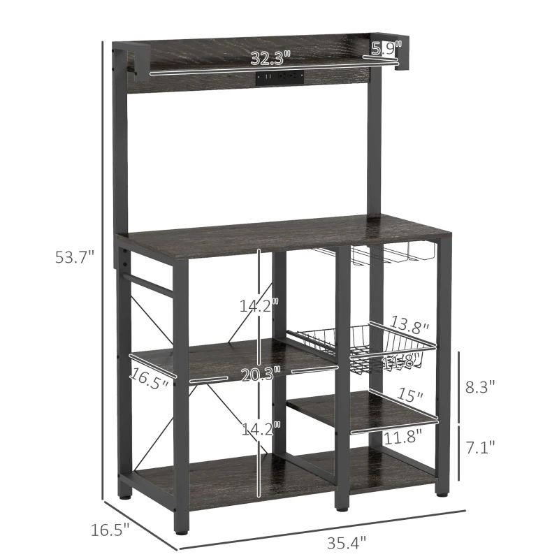 HOMCOM Industrial Kitchen Bakers Rack with Charging Station, RGB Lights, Glass Holders and Open Shelves, Gray