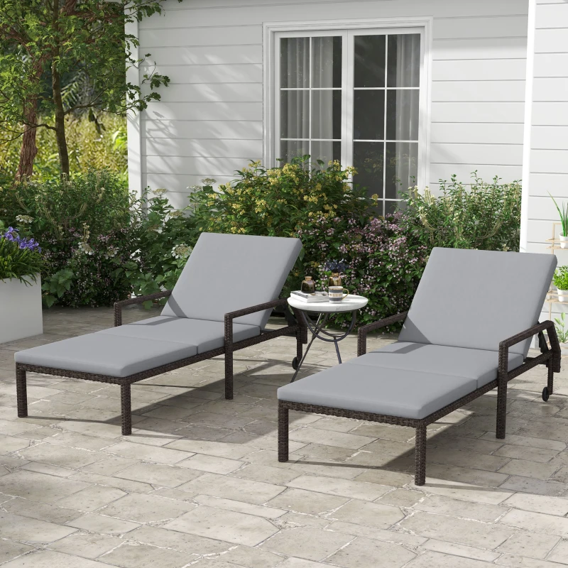 Outsunny 2 Piece Wicker Chaise Lounger PE Rattan Outdoor Lounge Chair Recliner with Adjustable Backrest and 2 Wheels, Grey