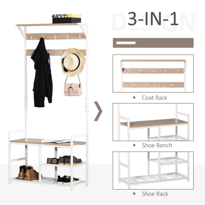 HOMCOM 3-in-1Hall Tree Entryway Coat Rack Shoe Bench with 9 Hanging Hooks, 3-Tier Storage Shelves, Multifunctional Hallway Organizer Natural/White