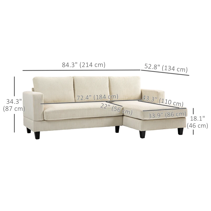 HOMCOM L Shaped Couch, L Shape Sofa with Chaise Lounge and Spring Cushion for Living Room, Bedroom, Beige