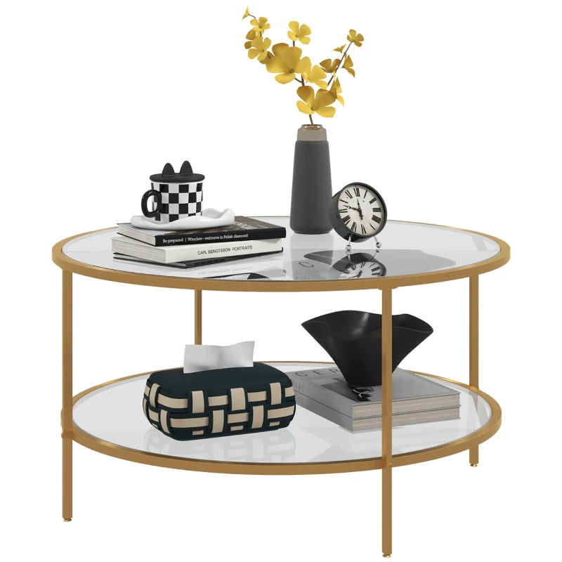 HOMCOM Side Table with Storage, 32" Round End Table, 2-Tier Tempered Glass Coffee Table with Steel Frame for Living Room, Gold