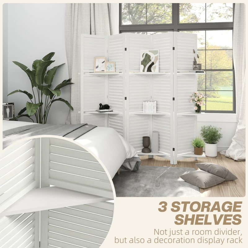 HOMCOM 5 Panel 67" Tall Wood Privacy Screen Room Divider with 3 Shelves and Folding Storage for Bedroom, White