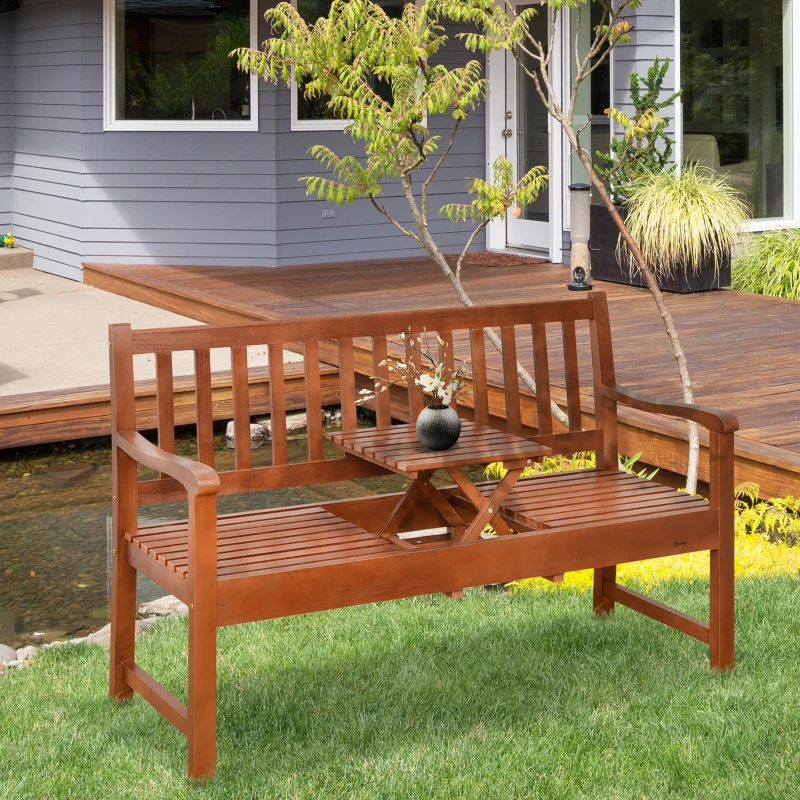 Outsunny Wooden Garden Bench with Pullout Middle Table, Outdoor Loveseat, Patio Bench for Lawn, Yard, Deck and Backyard, Dark Coffee
