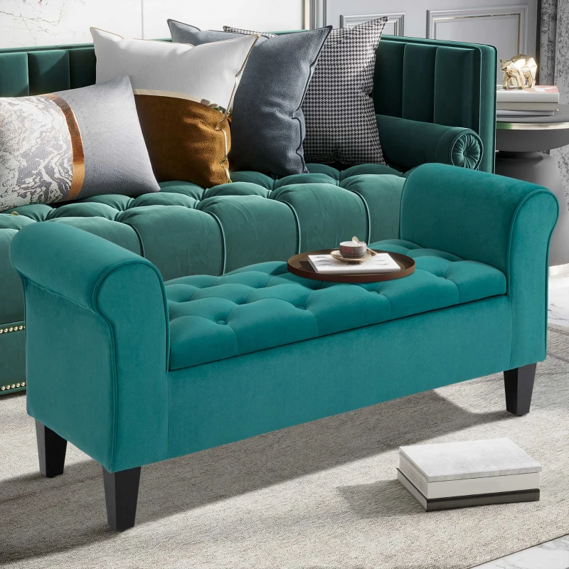 HOMCOM Button-Tufted Storage Ottoman Bench, Upholstered Bench with Rolled Armrests for Living Room or Hallway, Green