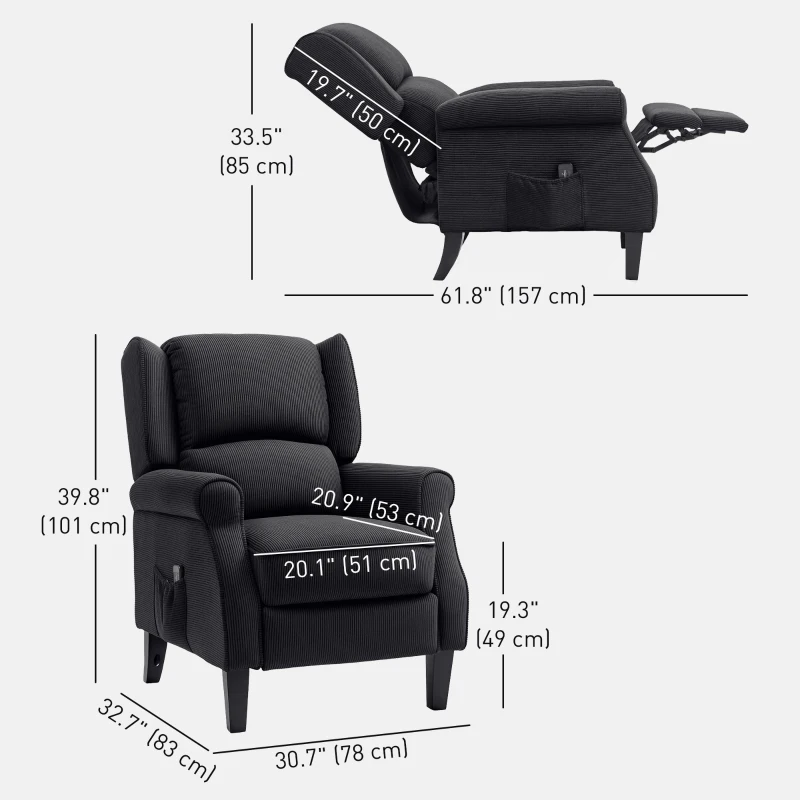 HOMCOM Push Back Recliner Chair, Vibration Massage Recliner for Living Room with Extendable Footrest, Remote, Pocket, Black