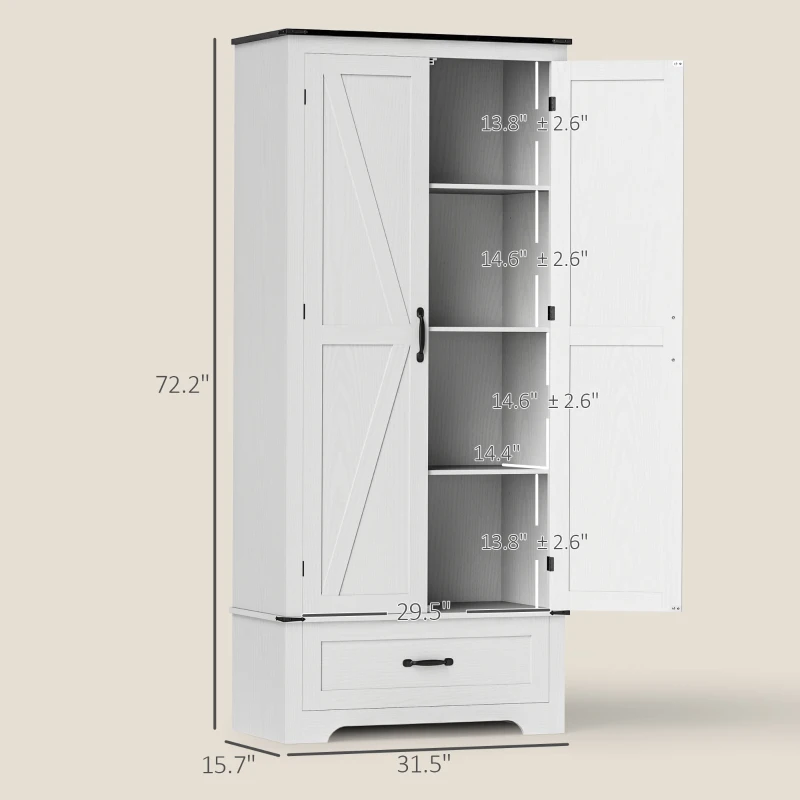 HOMCOM 72" Farmhouse Pantry Cabinet with Adjustable Shelves, Kitchen Pantry Cabinet with 2 Doors, Distressed White
