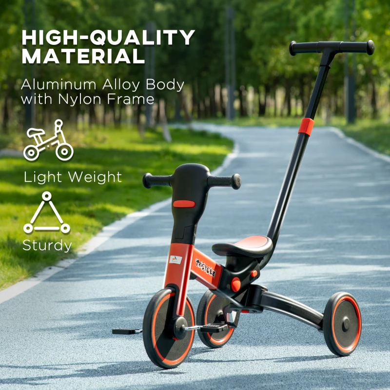 Aosom 4-in-1 Toddler Tricycle, Adjustable Balance Bike, Kids Bike, Baby Bicycle Push Trike for Kids 2-4 with Folding Trike Handle, Outdoor Toy for Toddlers & Kindergarteners, Red