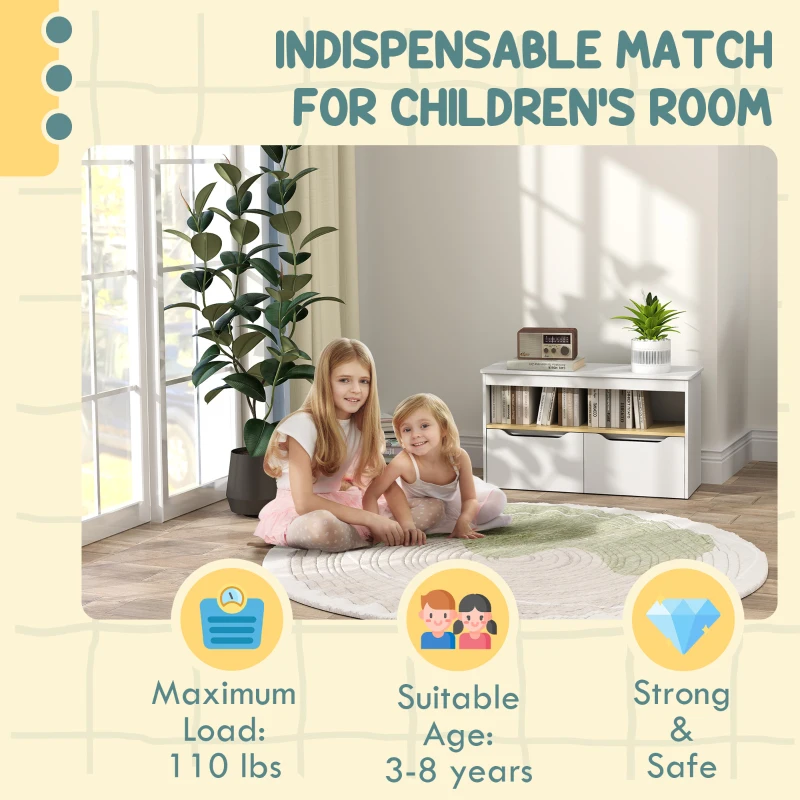 Qaba Toy Storage Organizer with 2 Drawers, Toy Shelf, Large Top, for Bedroom, Nursery, Living Room, White