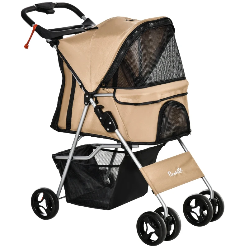 PawHut Pet Stroller Foldable Carrier for Cat, Dog and More 4 Wheels Travel Jogger with Cup Holder, Storage Basket, 360 ° swiveling front wheels, Easy Fold, Coffee
