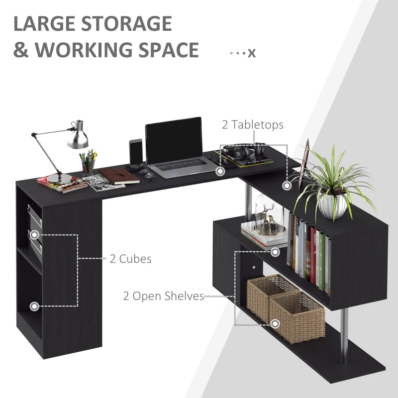 HOMCOM 55" Corner Computer Desk, 360° Rotating L-Shaped Desk, Home Office Workstation with 3-Tier Shelves, Bookshelf, Black