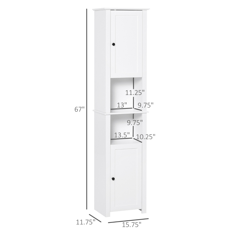 HOMCOM Tall Bathroom Storage Cabinet, Freestanding Linen Tower with 2-Tier Shelf and 2 Cabinets, Narrow Side Floor Organizer, White