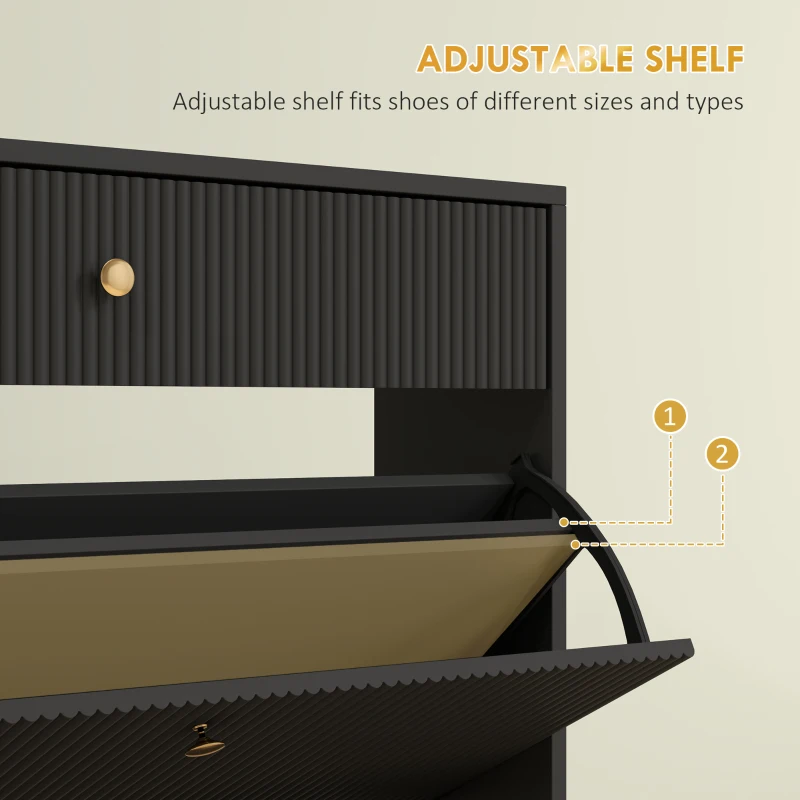 HOMCOM Narrow Shoe Storage Cabinet with Wave-like Panels and Adjustable Shelves for 12 Pairs of Shoes, Black