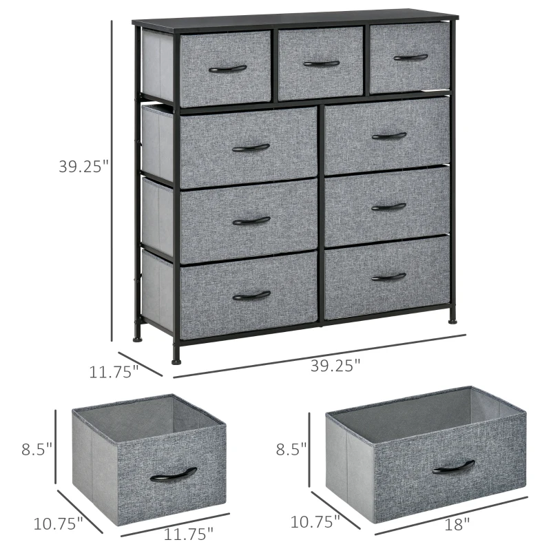 HOMCOM 9 Drawers Storage Chest Dresser Organizer Unit w/ Steel Frame, Wood Top, Easy Pull Fabric Bins, for Hallway, Closet, Entryway, Black & Gray
