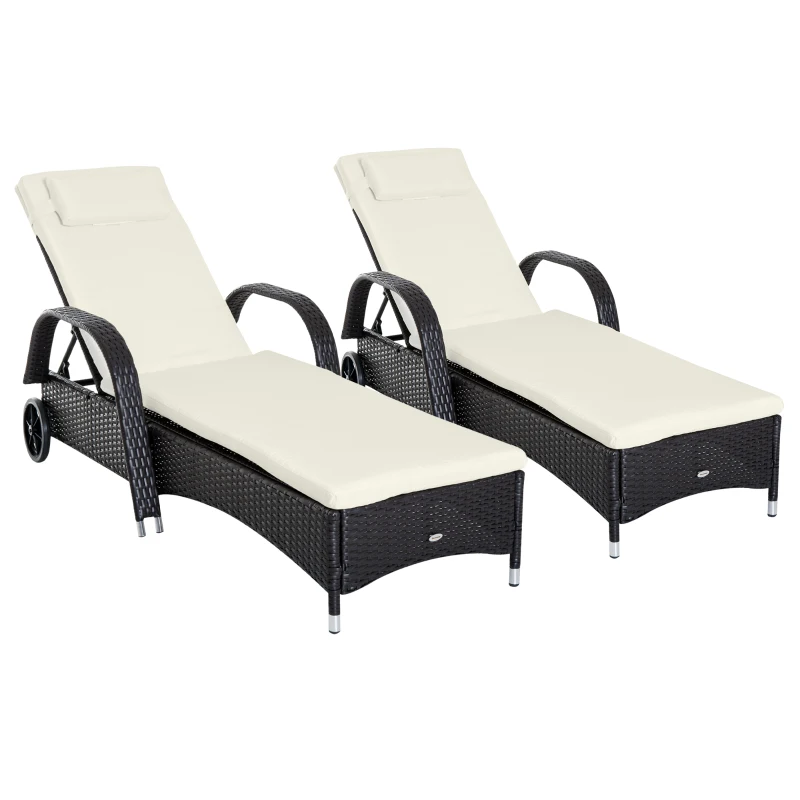 Outsunny 2 Reclining Chaise Lounge Chairs, Rolling Outdoor Chairs with Cushion, Pillow, Headrest, Armrests, and Wheels, Cream