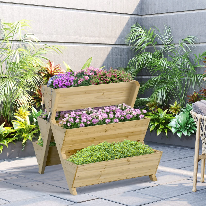 Outsunny 3-Tiers Vertical Raised Garden Bed, Wooden Planter Stand with 5 Elevated Planter Boxes and 4 Hooks, for Herbs, Flowers, or Vegetables in Patio Balcony Indoor Outdoor