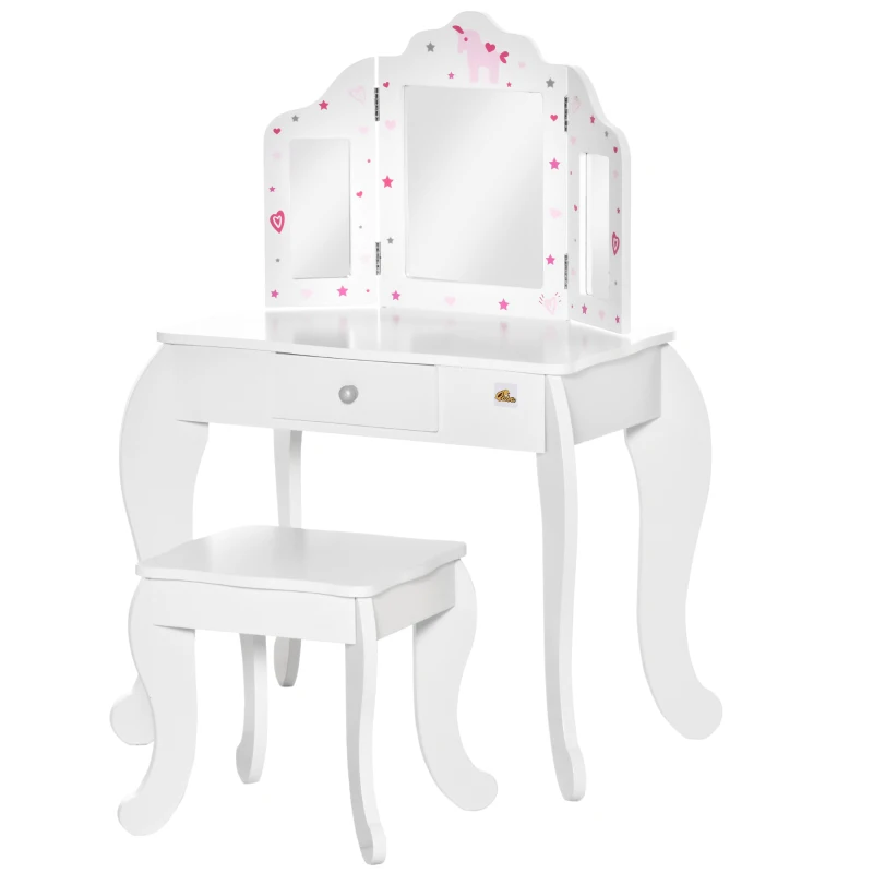 Qaba Kids Vanity Table and Stool, Makeup Vanity Girls Dressing Table Set with Tri-folding Mirrors Drawer Star and Heart Pattern, White