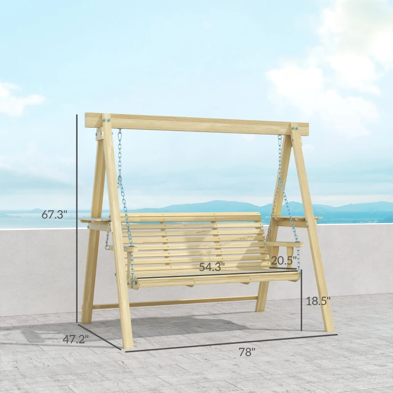 Outsunny 3 Seat Wooden Porch Swing with Stand, Patio Swing with Side Tables, for Garden, Poolside, Backyard, Natural Wood