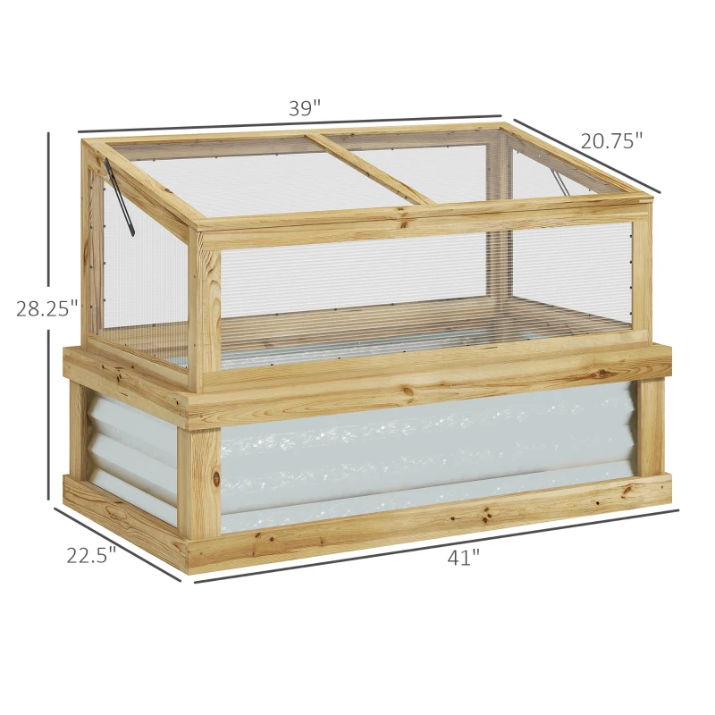 Outsunny Raised Garden Flower Bed Kit with Lean-to Greenhouse, Wooden Cold Frame Planter, 41" x 22.5" x 28.25", Natural