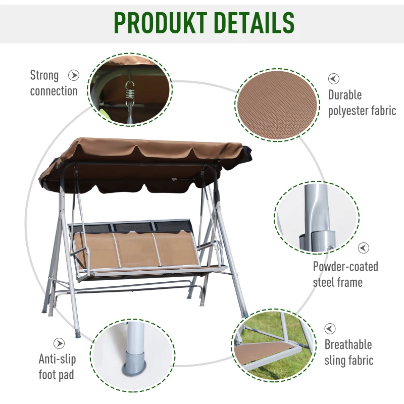 Outsunny 3-Seater Patio Swing, Outdoor Swing Chair, A Frame Porch Swing with Canopy Garden Hammock Glider Bed, Brown
