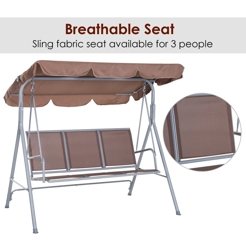 Outsunny 3-Seater Patio Swing, Outdoor Swing Chair, A Frame Porch Swing with Canopy Garden Hammock Glider Bed, Brown