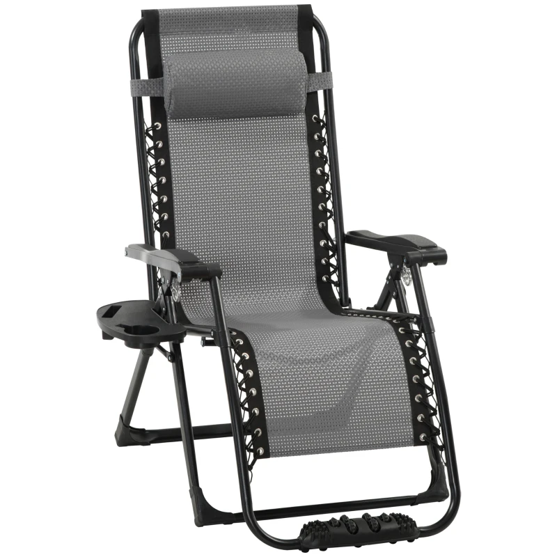 Outsunny Zero Gravity Chair, Folding Recliner Chair, Adjustable Patio Lounger with Detachable Pillow, Cup Holder and Foot Massage Roller for Outdoor, Patio, Deck, Poolside, Light Grey