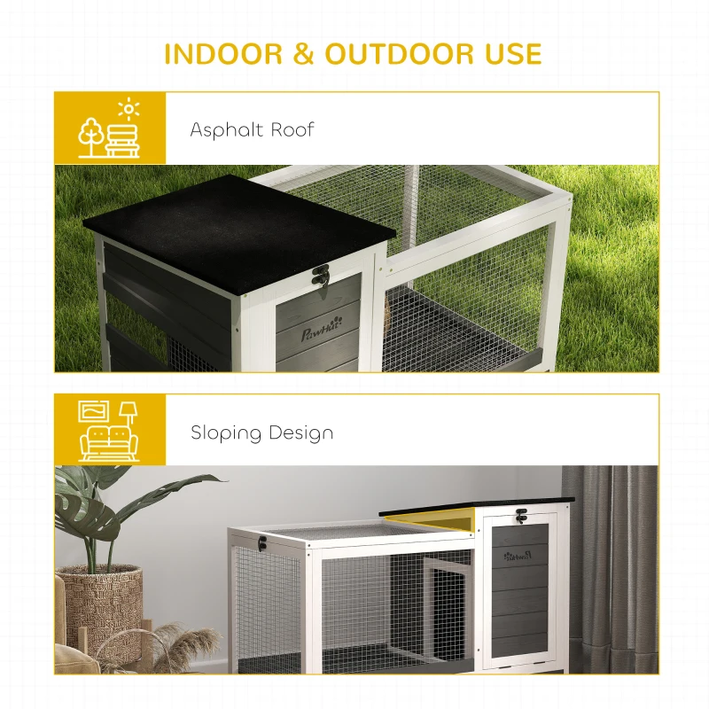PawHut Wooden Rabbit Hutch with Pull-Out Tray, Asphalt Openable Roof, Small Animal Cage on Wheels with Run, Grey