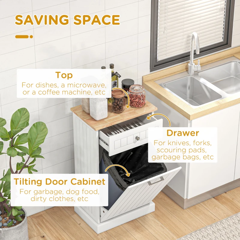 HOMCOM Kitchen Tilt Out Trash Bin Cabinet Free Standing Recycling Cabinet Trash Can Holder With Drawer, White