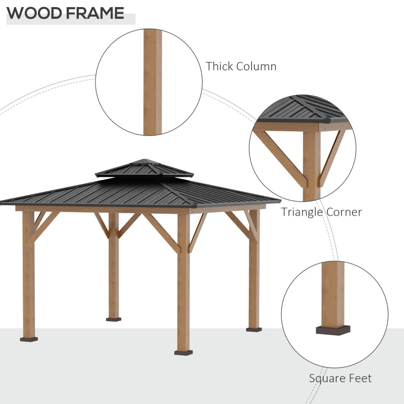 Outsunny 11' x 11' Wood Frame Hardtop Gazebo Galvanized Steel Canopy Outdoor Shelter with Double Vented Roof for Garden, Lawn, Poolside, Black