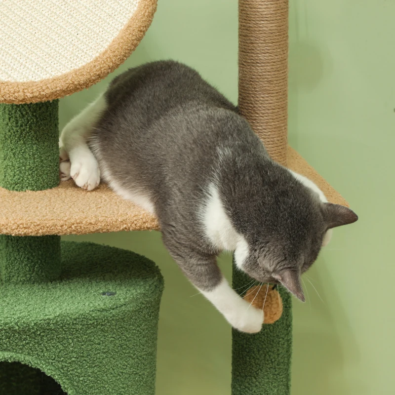 PawHut 55-Inch Cat Tree for Indoor Cat with Green Leaves, Scratching Posts, Cat Condo, Scratching Pad, Ramp, Dangling Balls