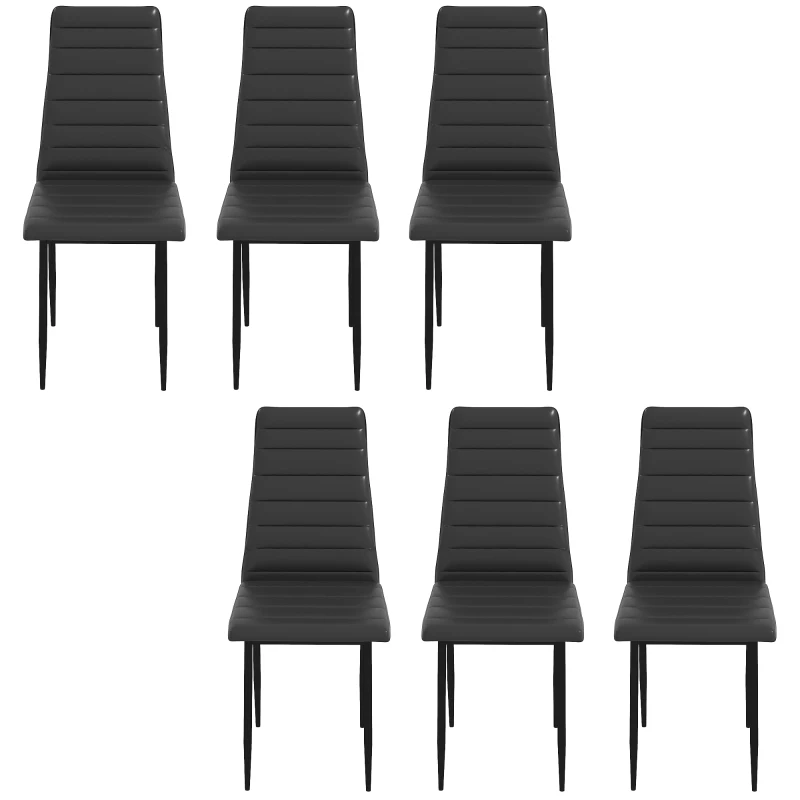 HOMCOM High Back Dining Chairs, Modern Upholstered PU Leather Accent Chairs with Metal Legs for Kitchen, Set of 6, Black