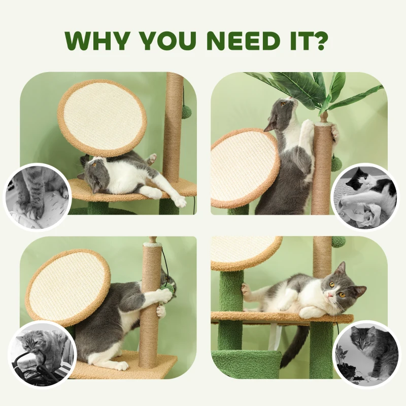 PawHut 55-Inch Cat Tree for Indoor Cat with Green Leaves, Scratching Posts, Cat Condo, Scratching Pad, Ramp, Dangling Balls