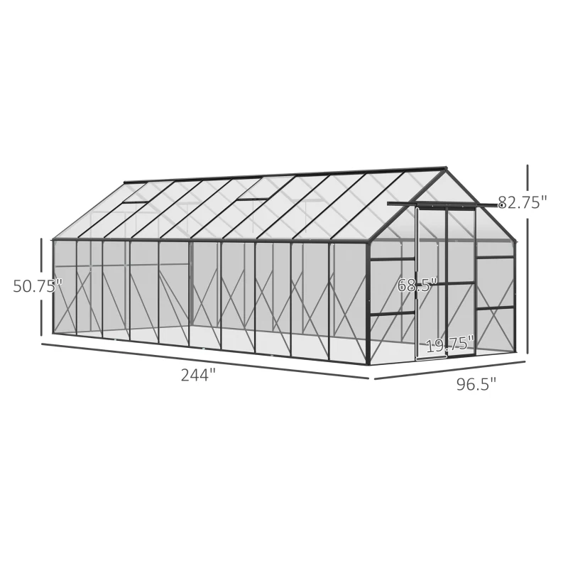 Outsunny 20' x 8' Aluminum Greenhouse Polycarbonate Walk-in Garden Greenhouse Kit with Adjustable Roof Vent, Rain Gutter and Sliding Door for Winter, Clear(m-3)
