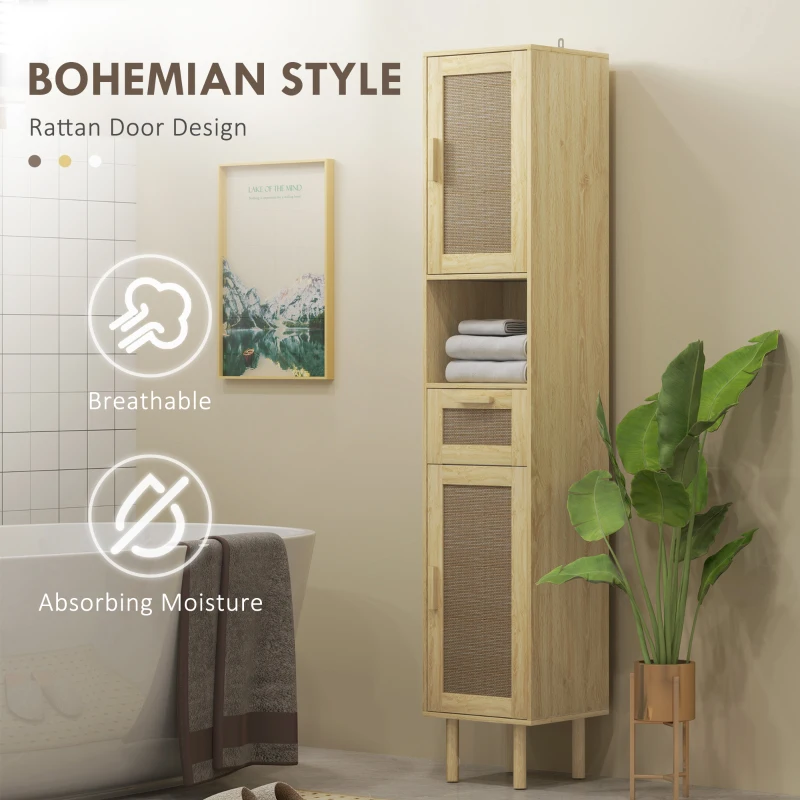 HOMCOM Tall Bathroom Cabinet with Rattan Doors, Freestanding Bathroom Storage Cabinet with Adjustable Shelves, Distressed Oak