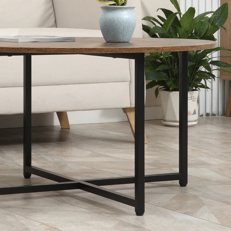 HOMCOM Round Coffee Table Set of 2, Industrial Living Room Tables with Metal Frame, Circle Coffee Tables for Living Room, Rustic Brown