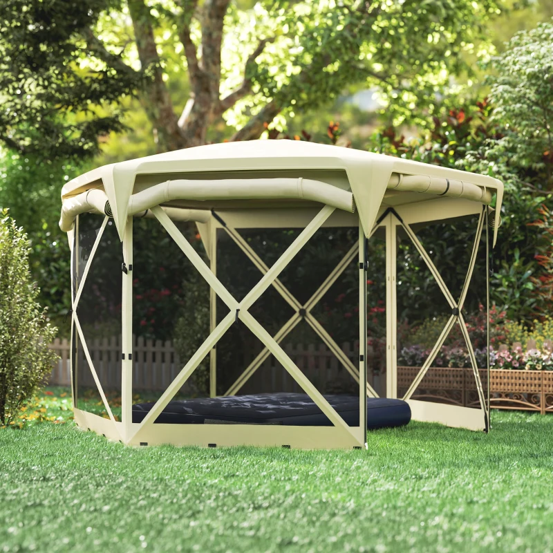 Outsunny 11 x 11ft Pop Up Gazebo Screen Tent with Removable Roof Cover, Roll-up Wind Panels for Camping, Backyard, Beige