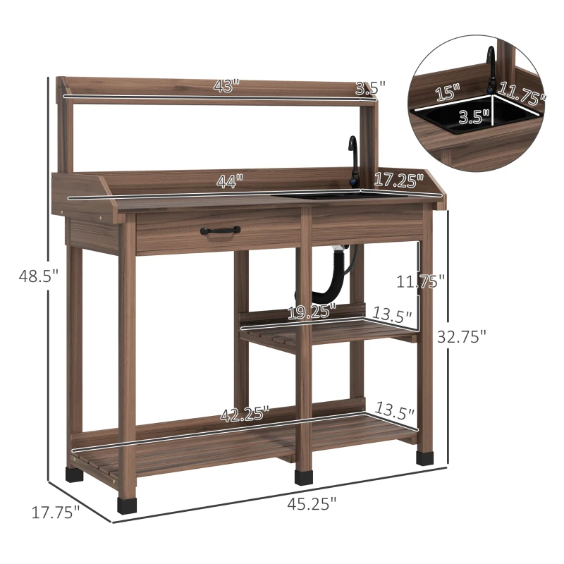 Outsunny Potting Bench Table, Outdoor Garden Table Wooden Work Station with Removable Sink, Faucet, Drawer, Shelves, Hooks, Dark Brown