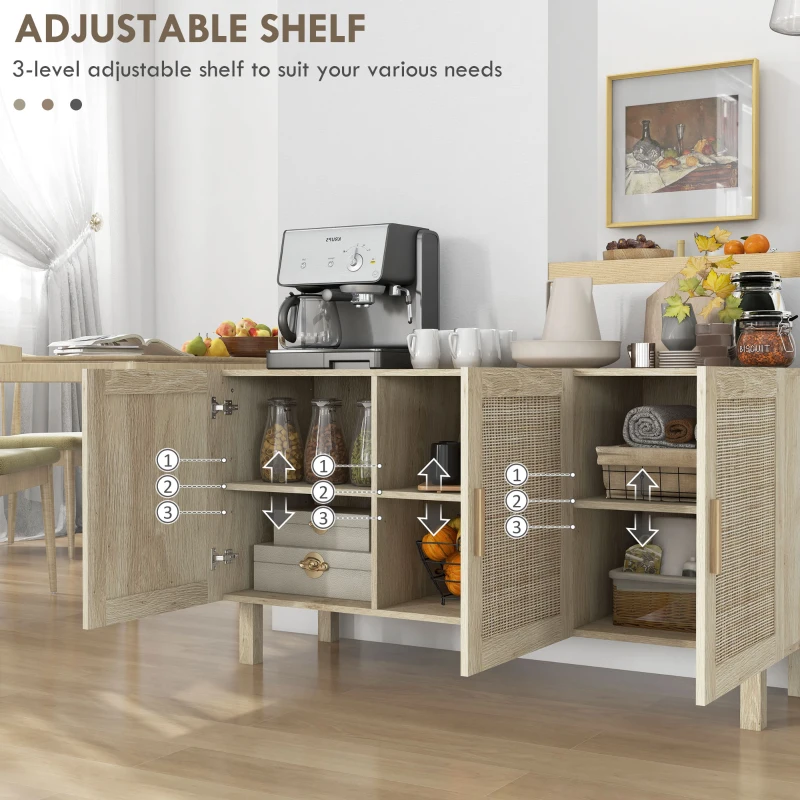 HOMCOM Boho Sideboard Buffet Cabinet with 3 Rattan Doors, Kitchen Cabinet with Adjustable Shelves, Natural