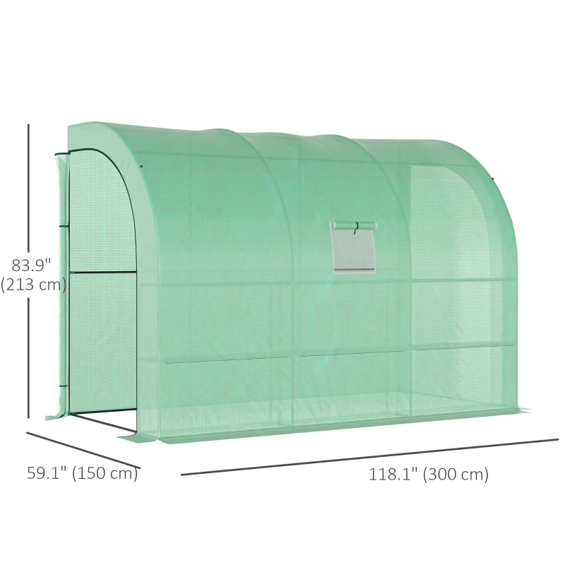 Outsunny Walk-in Wall Lean-to Greenhouse, 10' x 5' x 7' Outdoor Gardening Green House with PE Cover, Windows, Shelves and 2 Zipper Doors, Green