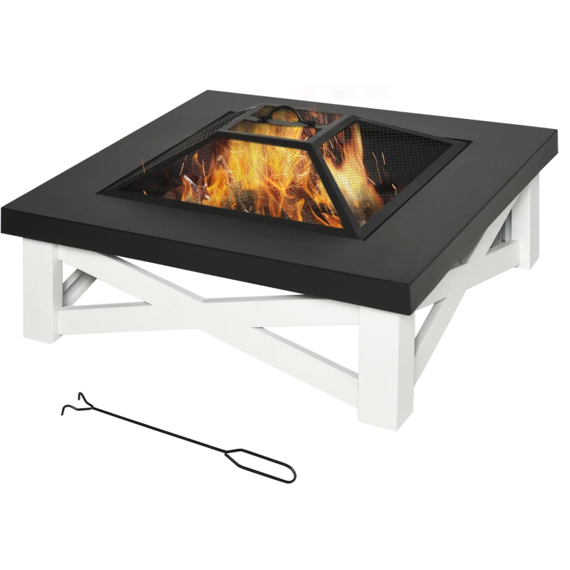 Outsunny 34" Outdoor 3 in 1 Steel Square Firepit Portable Stove with Spark Screen Cover, Log Grate, Poker, Grill Net for Patio, White & Black