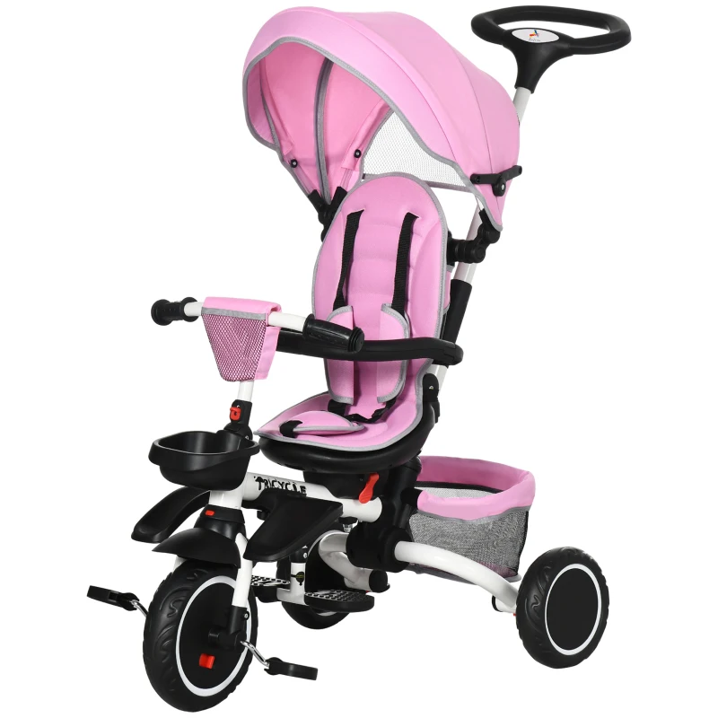 Aosom 6-in-1 Toddler Tricycle for 12-50 Months, Foldable Kids Trike with Adjustable Seat and Push Handle, Safety Harness, Removable Canopy, Footrest, Pink