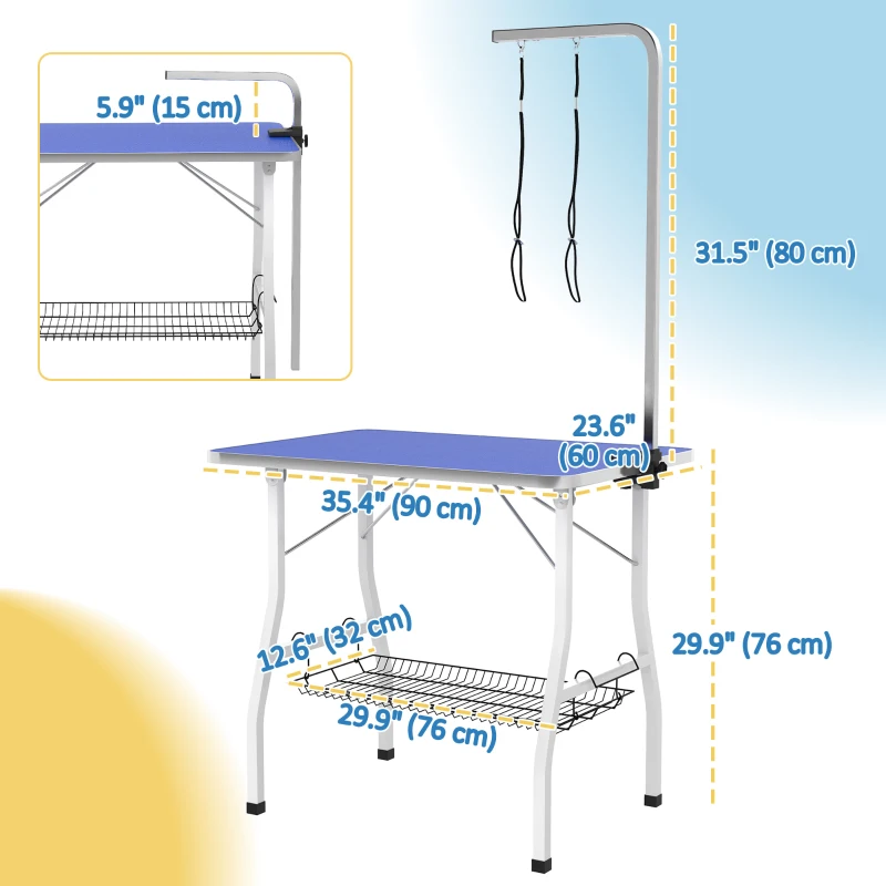 PawHut Dog Grooming Table w/ Adjustable Arm, Mesh Tray,  Two Nooses, Rubber Surface, 35" x 24" x 61", Blue